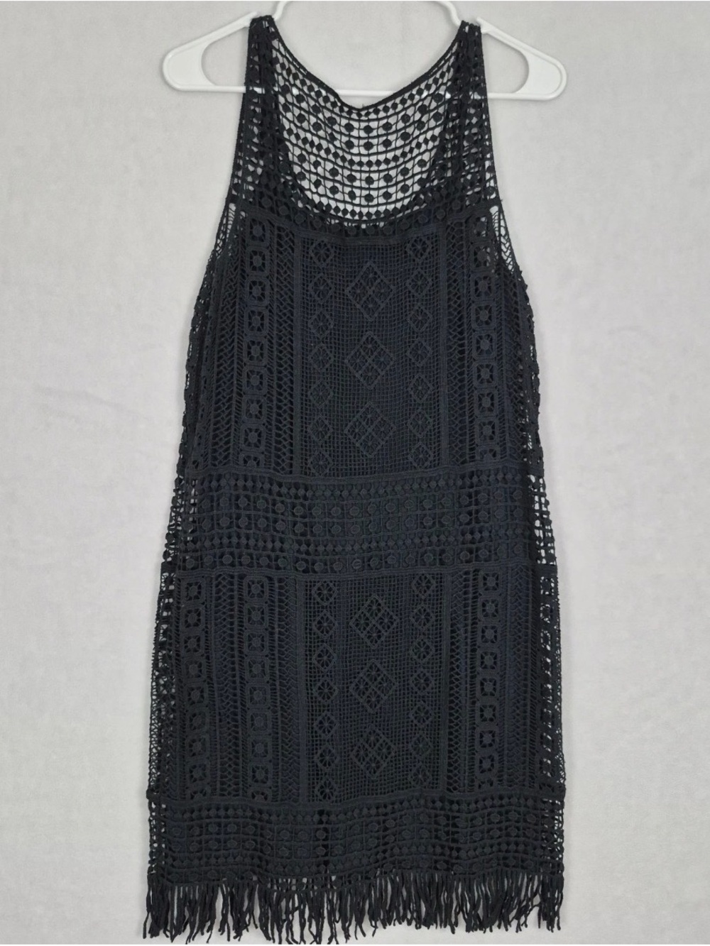 Ralph Lauren Dress Small Black Crochet Knit Sleeveless Overlay Womens fringe